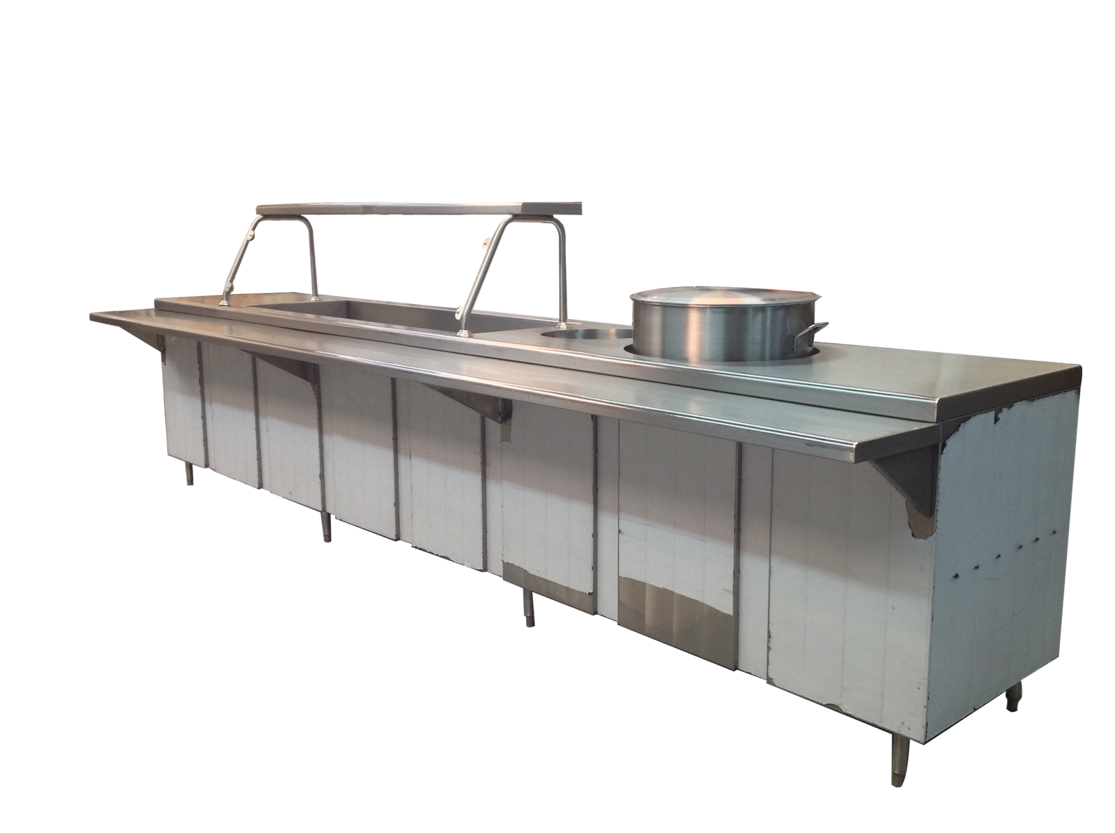 MAINOX linea de servicio con  baño maria   para 5 enteros      y   banos para ollas   repisa anti -estornudo   y riel para charolas