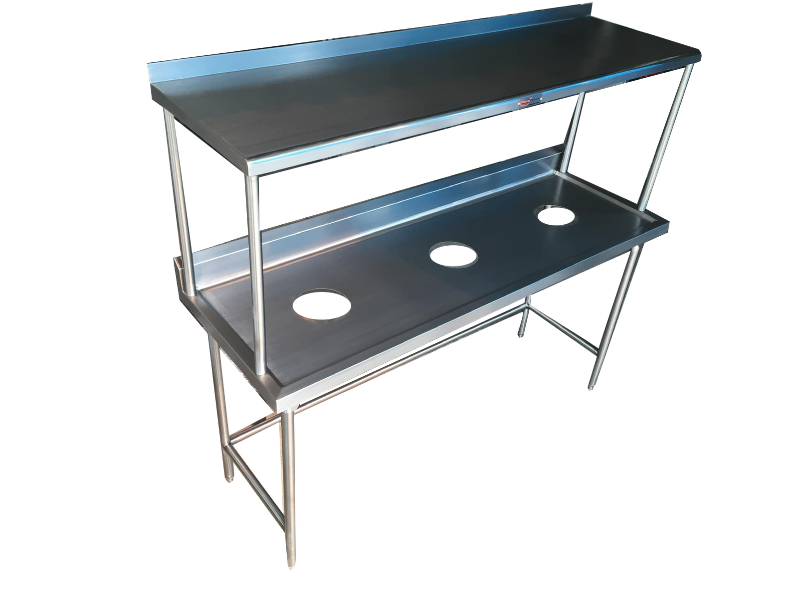 MAINOX mesa en acero inoxidable con  repisa superior   y tajos para cestos de basura